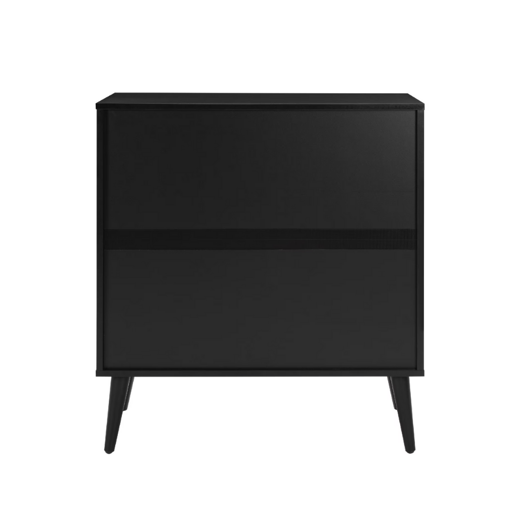 Modern black and wood herringbone storage cabinet with double doors for entryway or kitchen organization.