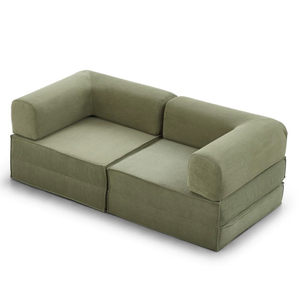 Compressed corduroy modular sofa bed in green, free color customization, deep seating sofa beds, space-saving modular couch, 2025 furniture trend.