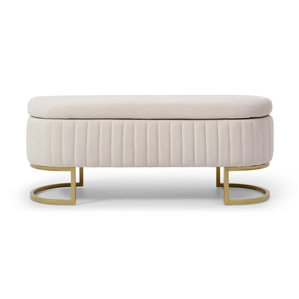 50″ velvet storage bench with oval upholstered seat, gold metal legs, hidden storage under lift‑top, modern end‑of‑bed accent piece.