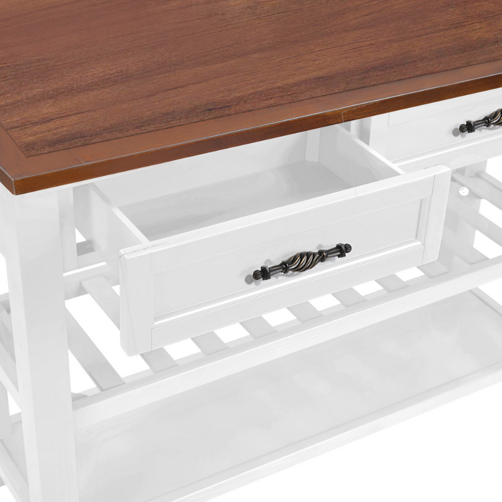 Retro pine console table—vintage charm with two drawers and open shelves. Solid pine/plywood, entryway-friendly, storage-savvy, easy assembly.