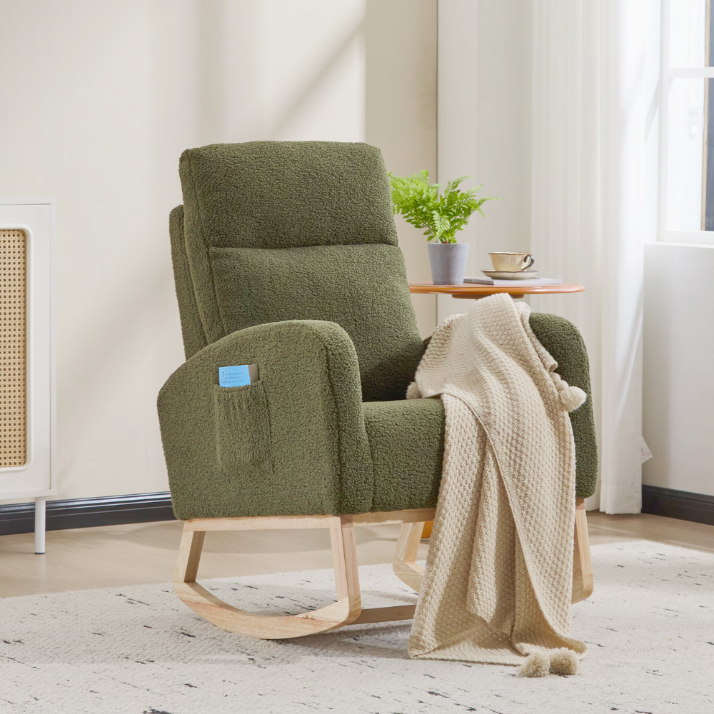 High‑back teddy fabric rocking chair with solid wood base and side pocket, ideal for nursery, reading or relaxing.