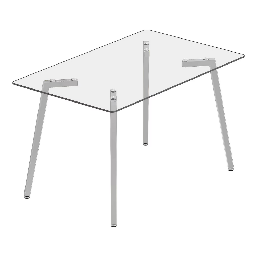 Modern glass dining table with clear tempered top and Z‑shaped metal legs in silver or gold, sleek minimalist design, easy clean, space‑saving.