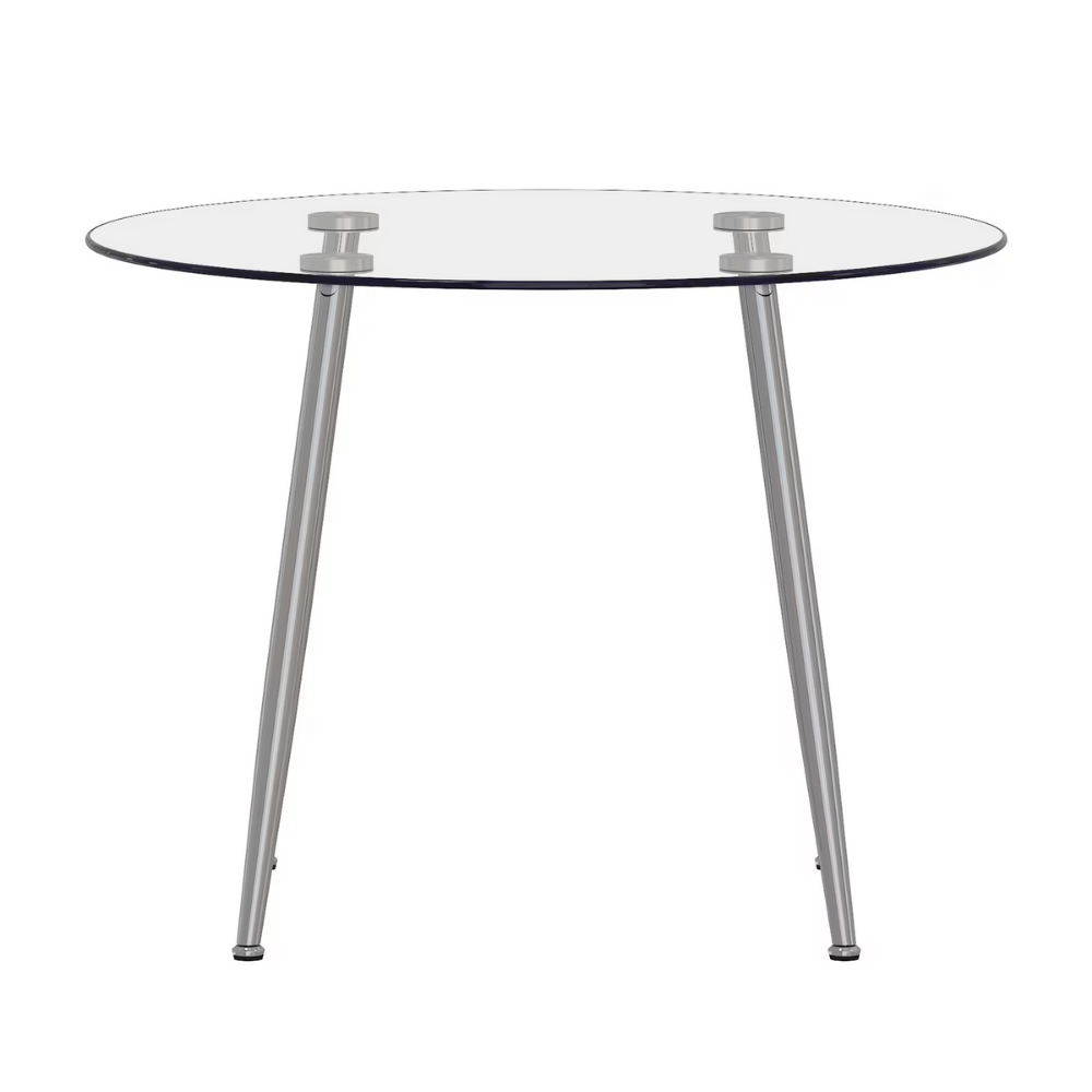 Modern round glass dining table with 39.7″ tempered glass top and slanted metal legs in silver or gold, minimalist space‑saving design, easy to clean.