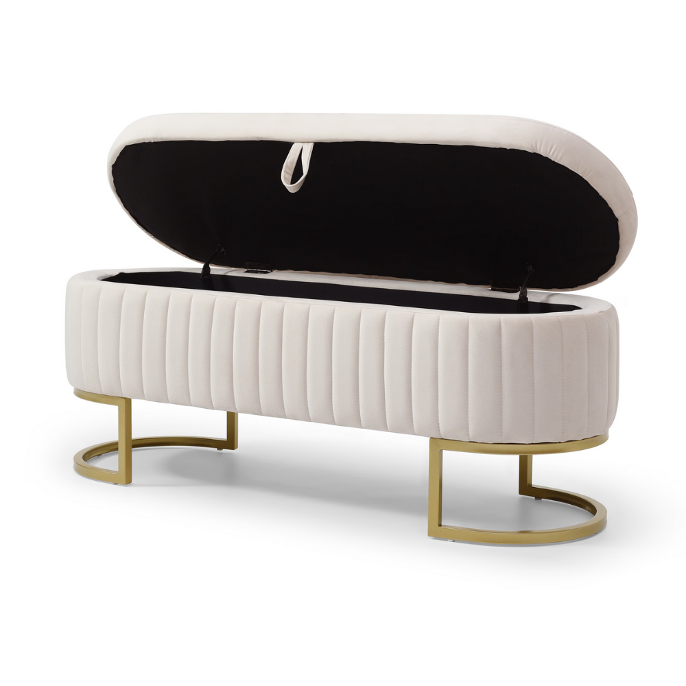50″ velvet storage bench with oval upholstered seat, gold metal legs, hidden storage under lift‑top, modern end‑of‑bed accent piece.