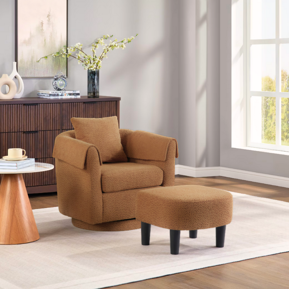 Chenille swivel accent chair with barrel back and matching ottoman, 360° swivel base, reading nook seating set in warm brown tone.