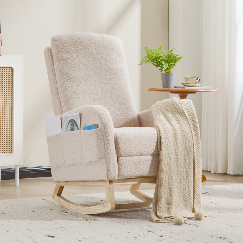 High‑back teddy fabric rocking chair with solid wood base and side pocket, ideal for nursery, reading or relaxing.