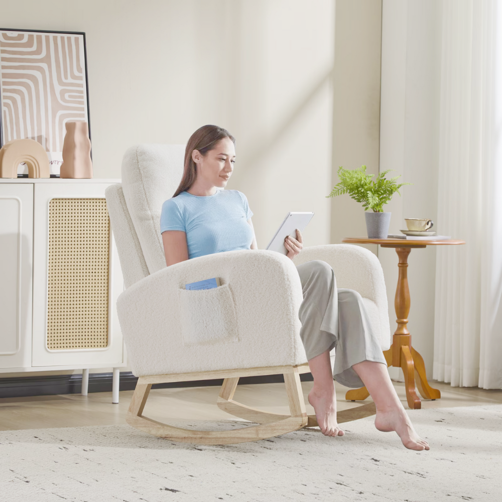 High‑back teddy fabric rocking chair with solid wood base and side pocket, ideal for nursery, reading or relaxing.