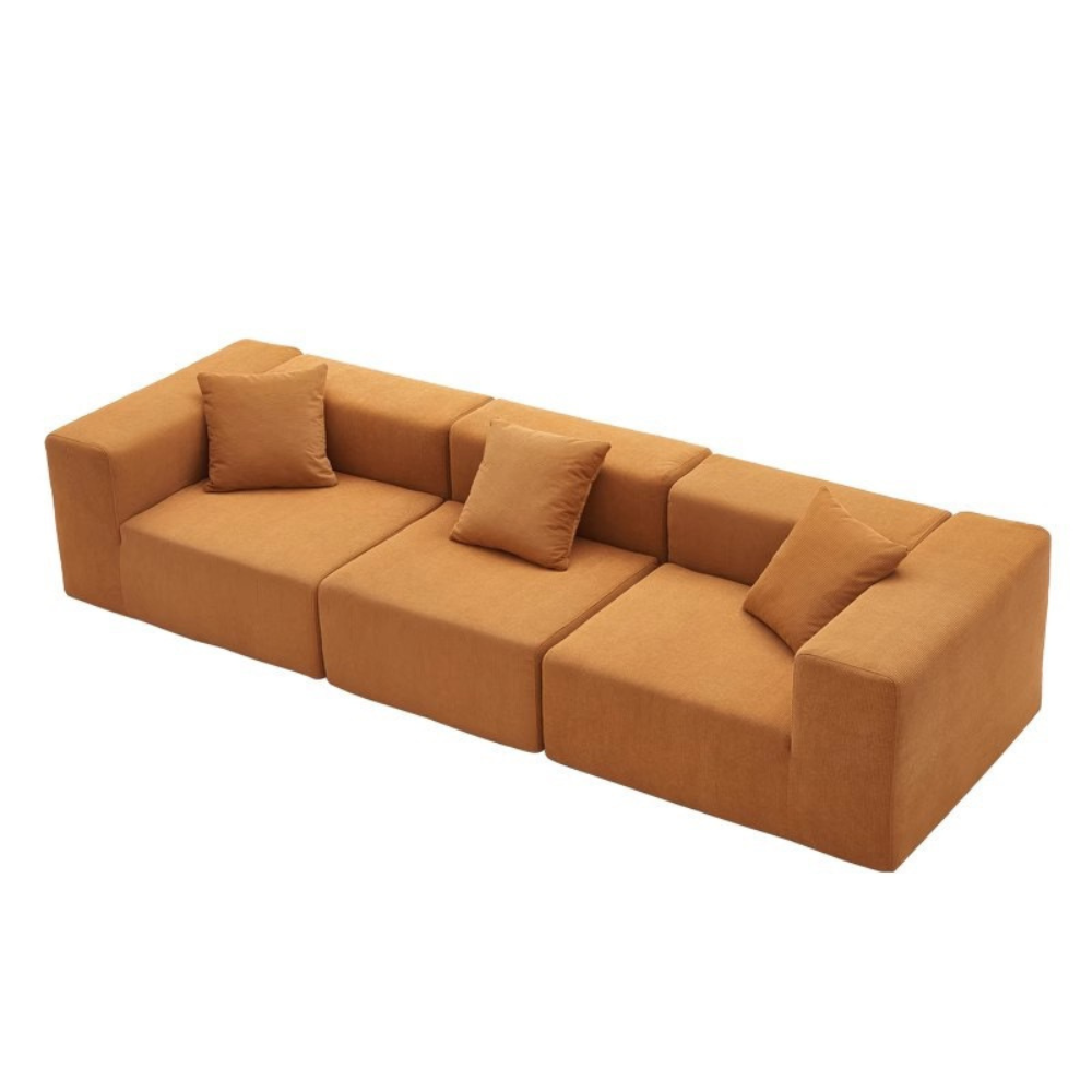 Fully Compressed Large Sofa modular sectional in corduroy or linen, earthy tone, modern minimalist design, deep seating, versatile layout, close-up of texture and stitching