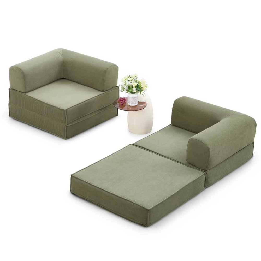 Compressed corduroy modular sofa bed in green, free color customization, deep seating sofa beds, space-saving modular couch, 2025 furniture trend.