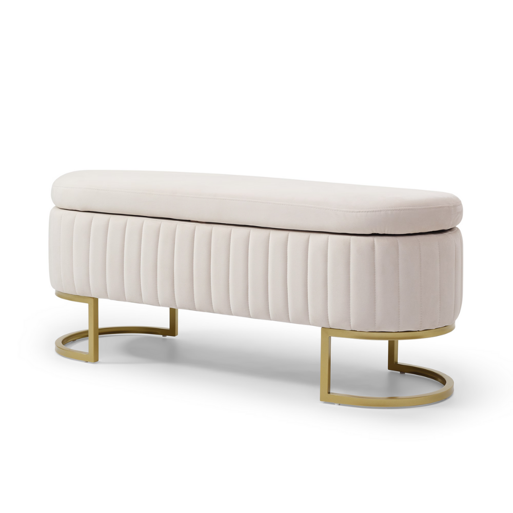 50″ velvet storage bench with oval upholstered seat, gold metal legs, hidden storage under lift‑top, modern end‑of‑bed accent piece.