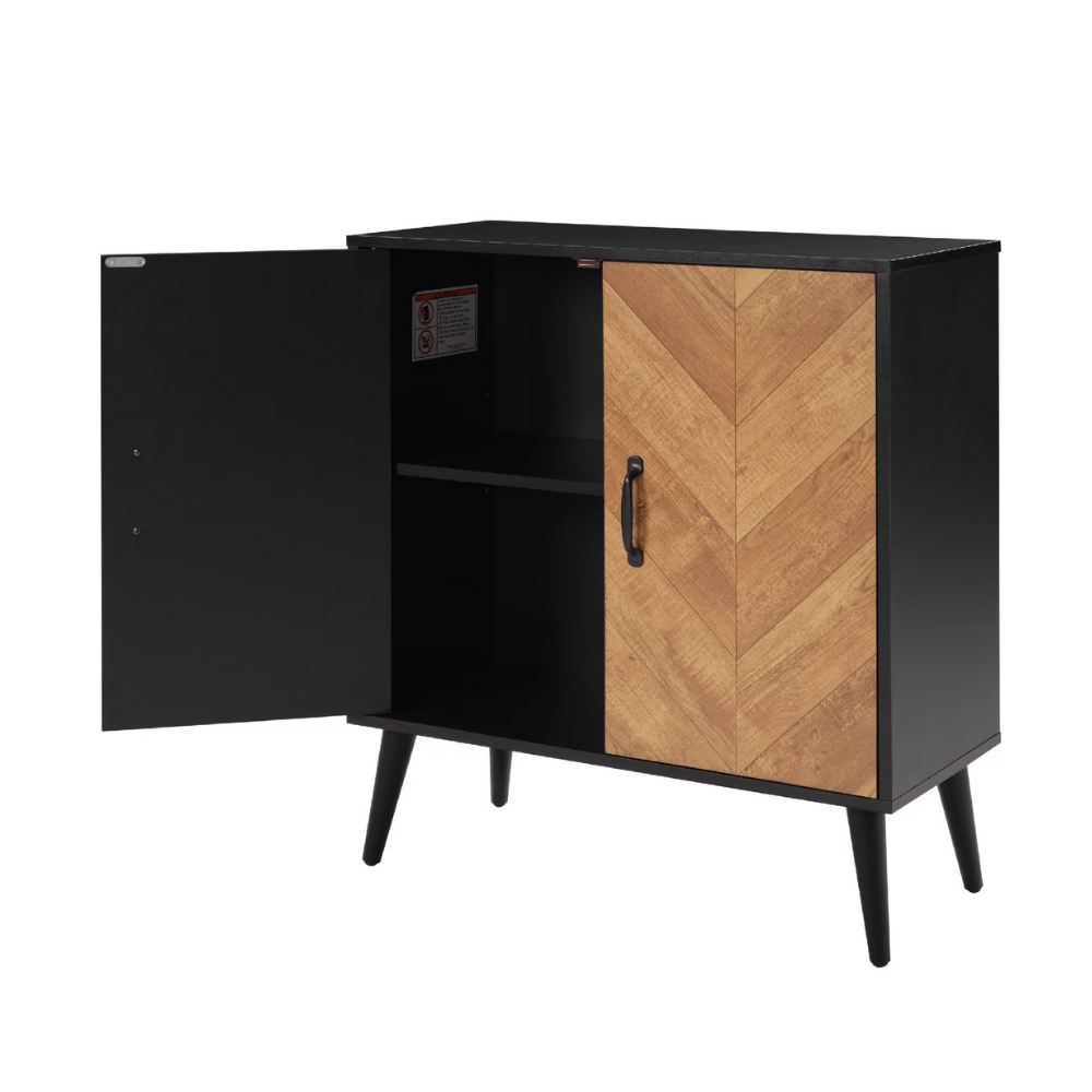 Modern black and wood herringbone storage cabinet with double doors for entryway or kitchen organization.