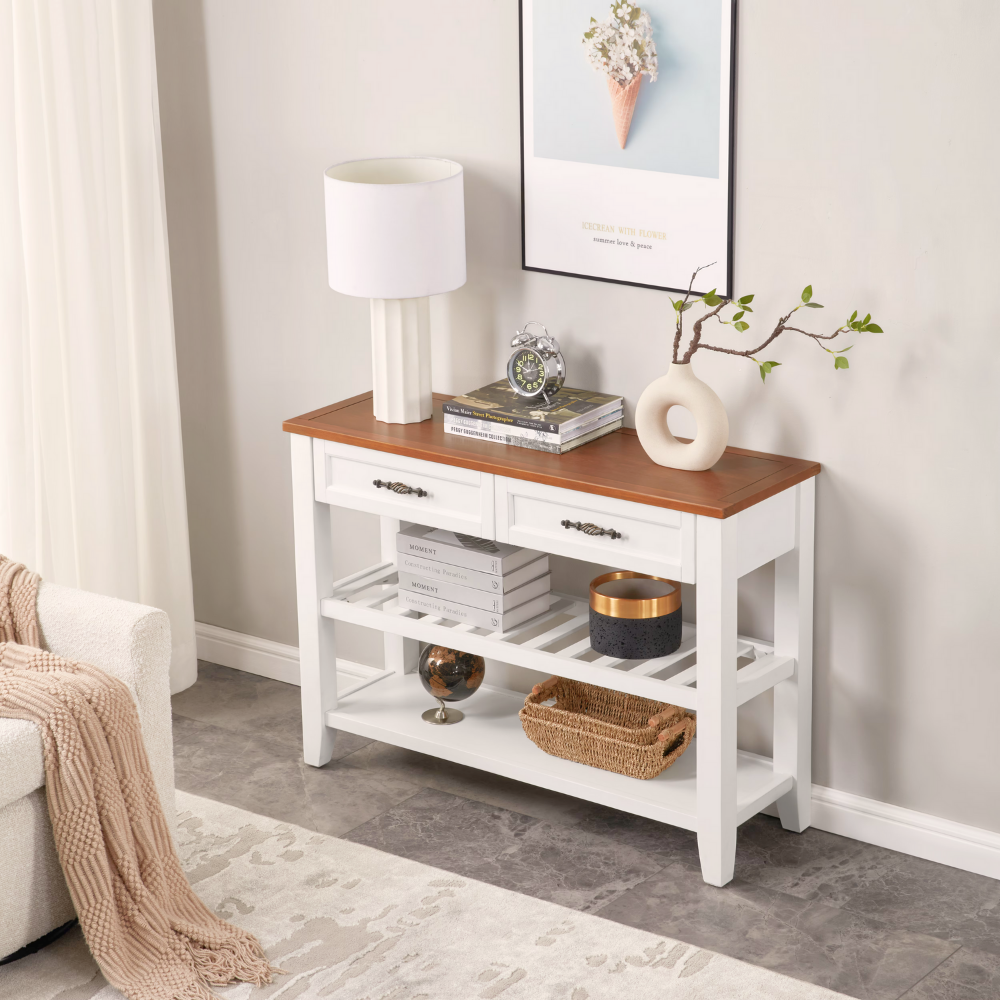 Retro pine console table—vintage charm with two drawers and open shelves. Solid pine/plywood, entryway-friendly, storage-savvy, easy assembly.
