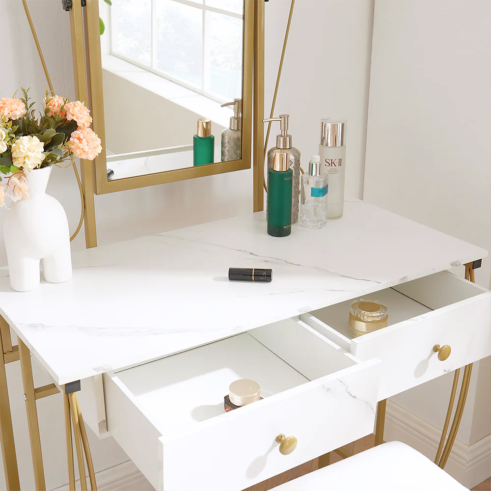 Elegant gold & white vanity desk with lighted mirror, dual drawers, cushioned stool—perfect for a glam makeup routine and chic bedroom décor.