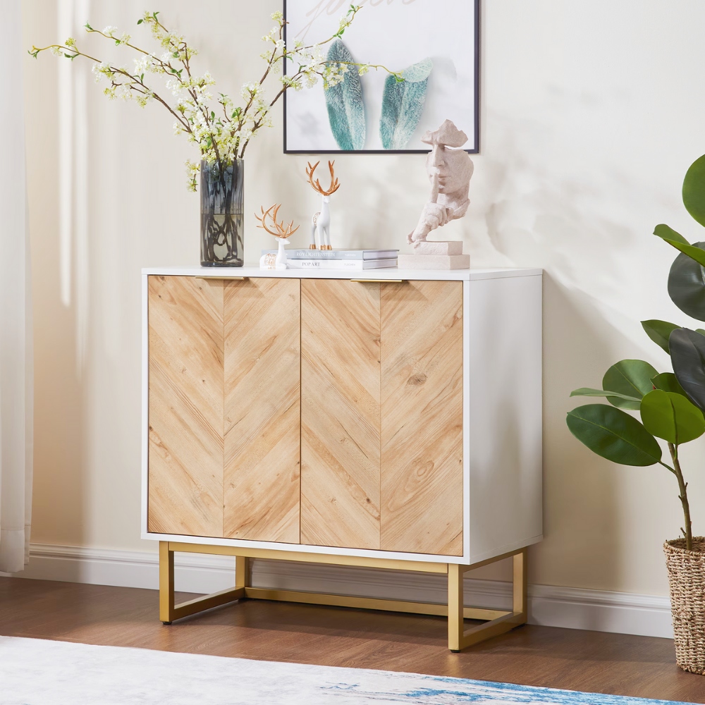 Modern white and gold herringbone pattern sideboard with adjustable storage and double doors for living room or entryway organization.