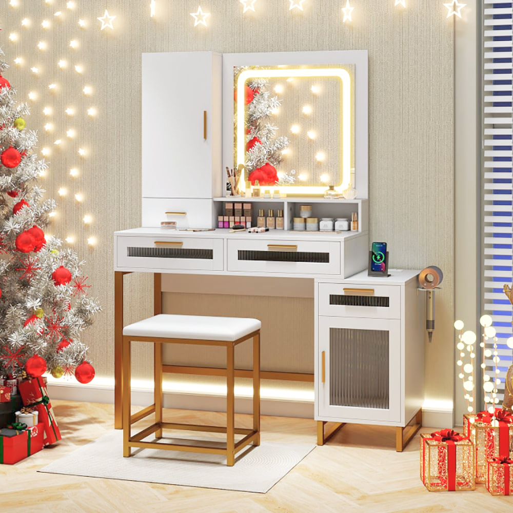 White and gold makeup vanity desk set with LED mirror, drawers, stool, charging ports and hairdryer hook