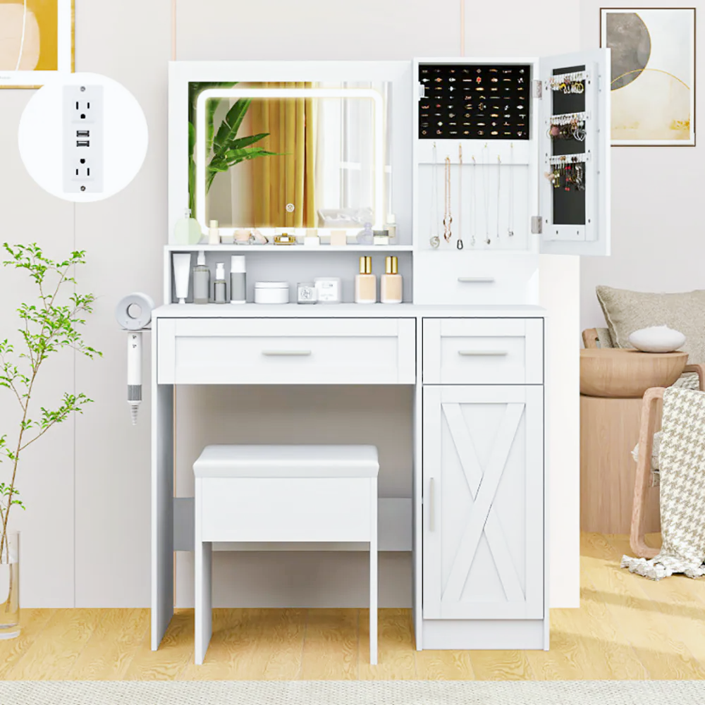 White LED lighted makeup vanity table set with mirror, drawers, stool, and built‑in charging ports