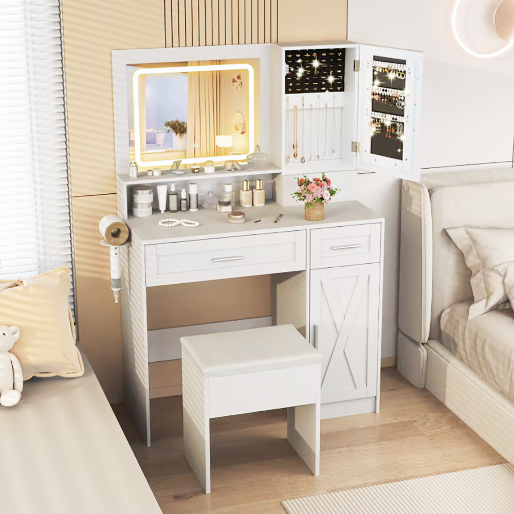 White LED lighted makeup vanity table set with mirror, drawers, stool, and built‑in charging ports