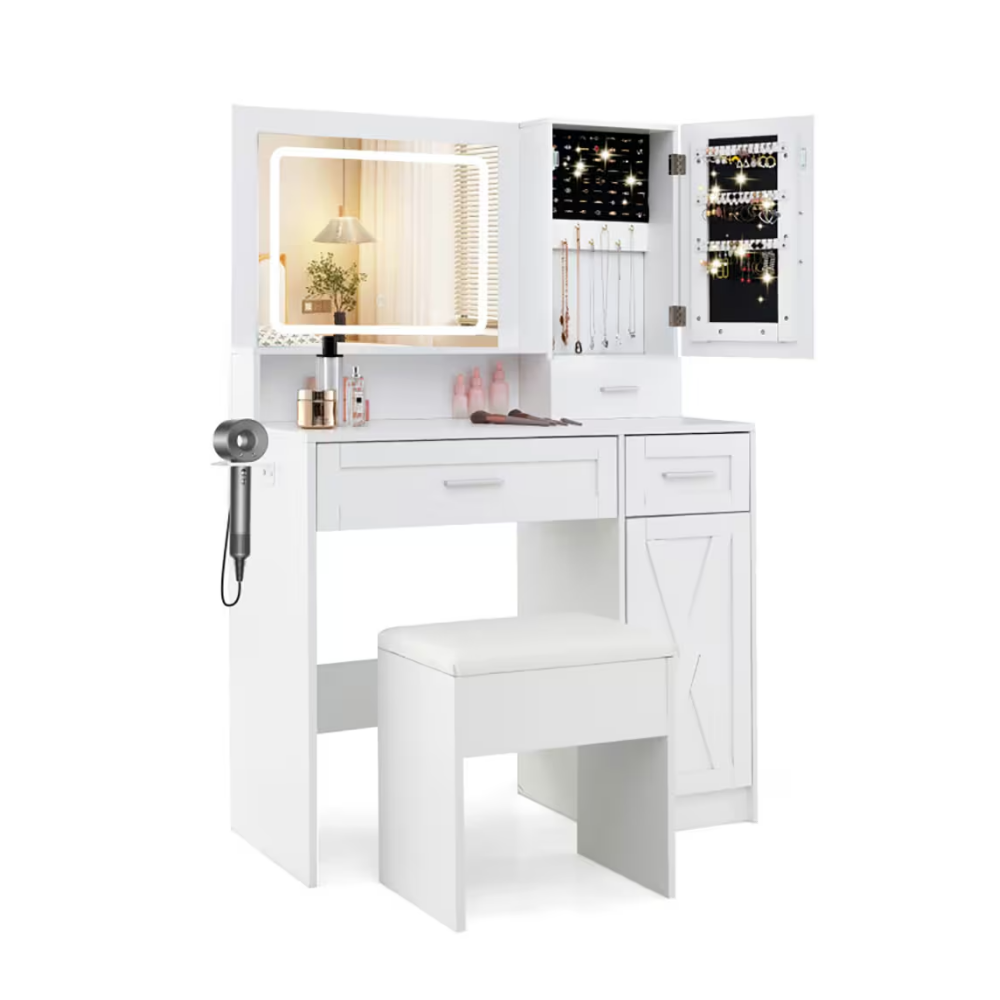 White LED lighted makeup vanity table set with mirror, drawers, stool, and built‑in charging ports