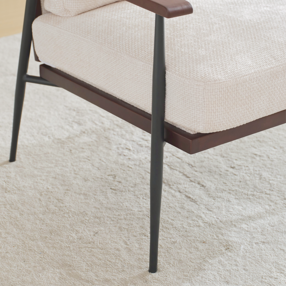 Modern linen fabric arm chair with wooden armrests and metal frame, perfect for living room décor.
